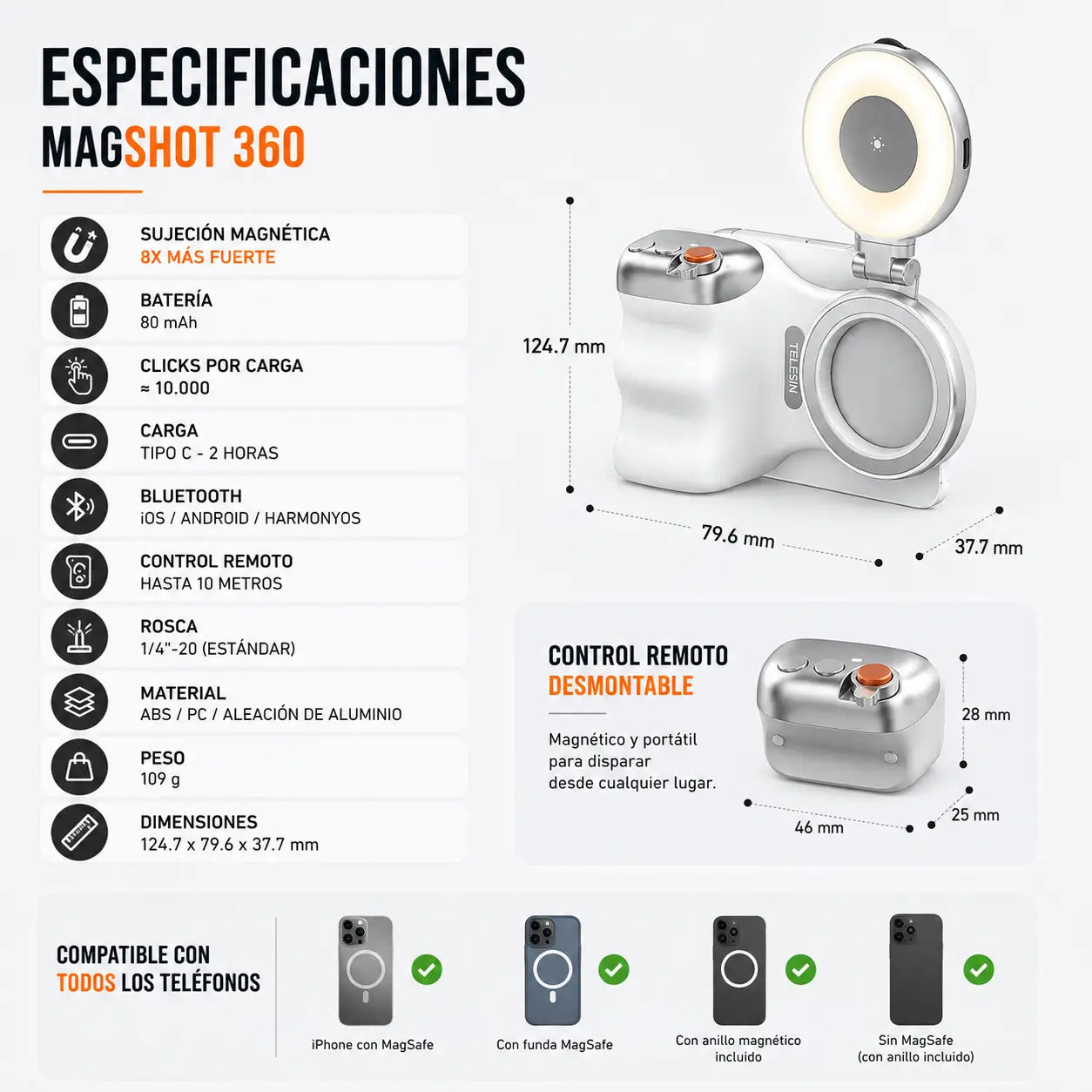 MagShot 360 – Fotos y selfies perfectas con agarre magnético y luz LED