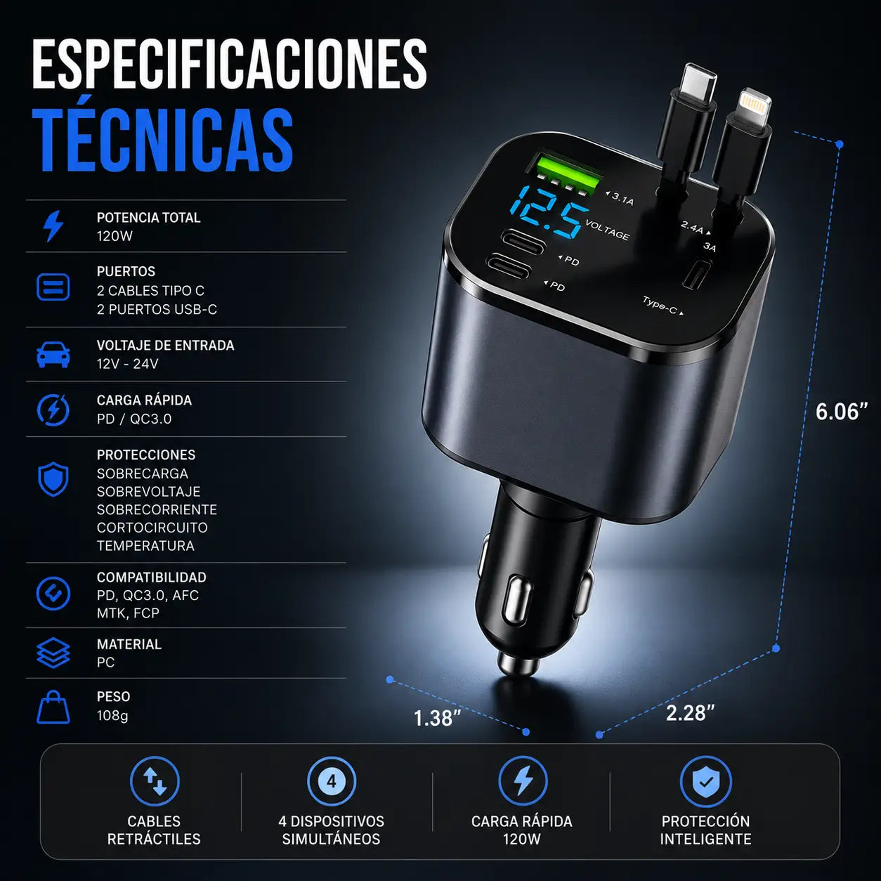 CargaMax™ | Deja de usar cables sueltos: cargador retráctil 4 en 1 para auto