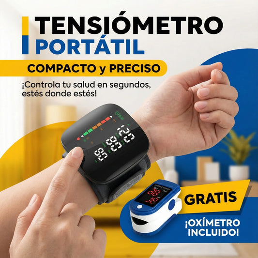 Tensiómetro de Muñeca Recargable – Controla tu presión en casa en segundos, con lectura clara a color + Oximetro GRATIS