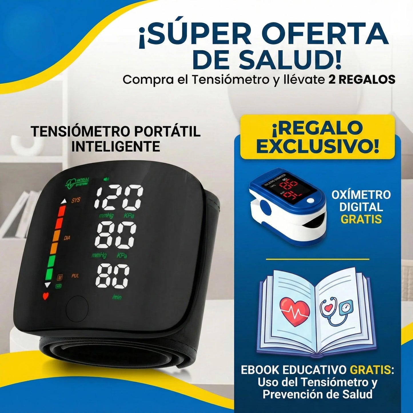Tensiómetro de Muñeca Recargable – Controla tu presión en casa en segundos, con lectura clara a color + Oximetro GRATIS