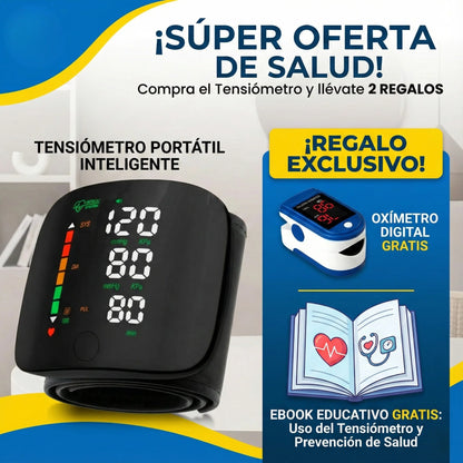 Tensiómetro de Muñeca Recargable – Controla tu presión en casa en segundos, con lectura clara a color + Oximetro GRATIS