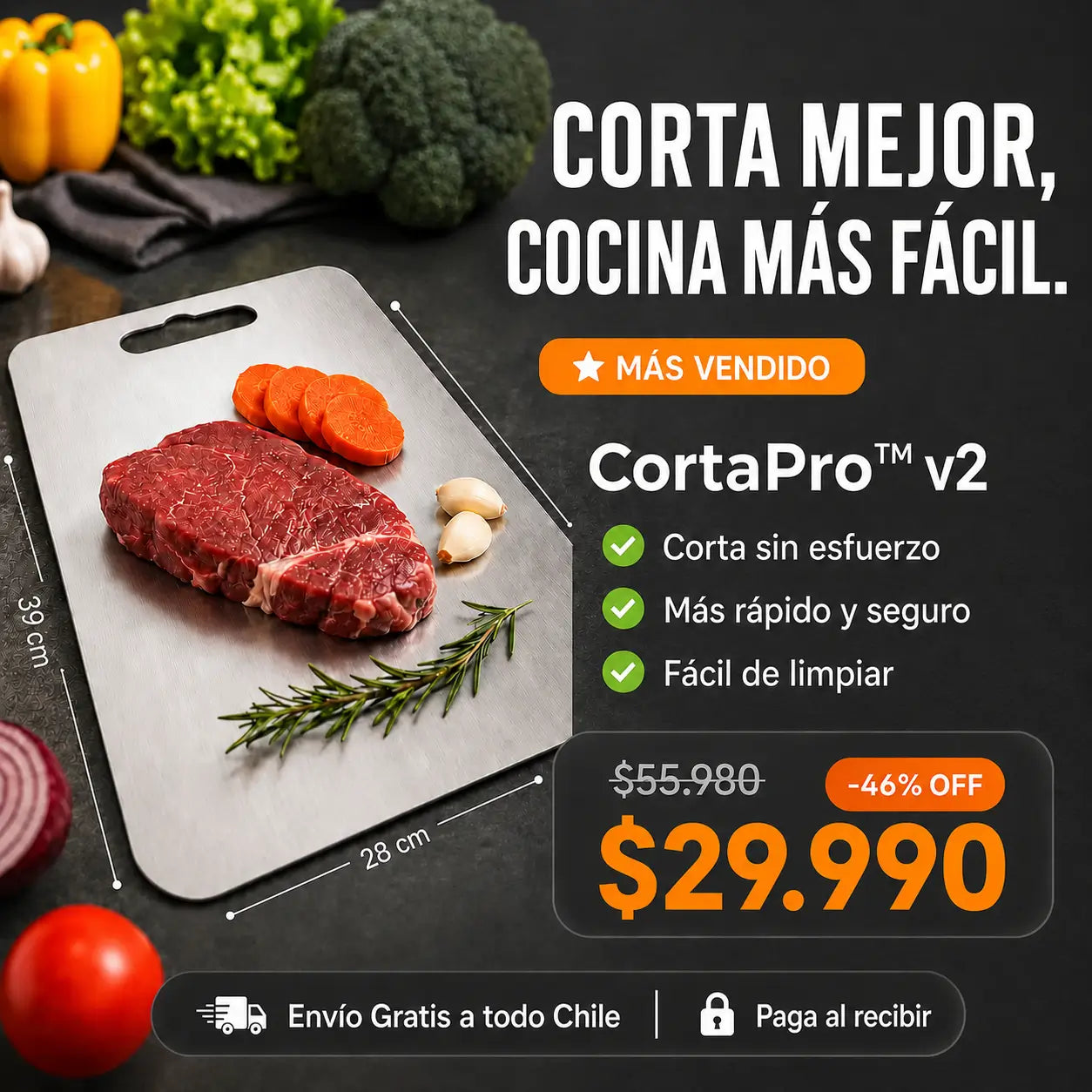 CortaPro™ v2 | Tabla de Cortar de Acero Inoxidable, Higiénica y Fácil de Limpiar | 39X28CM