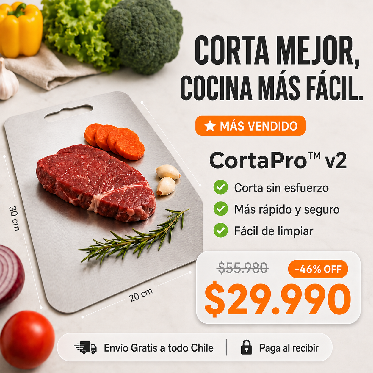 CortaPro™ | Tabla de Cortar de Acero Inoxidable, Higiénica y Fácil de Limpiar | 20x30cm