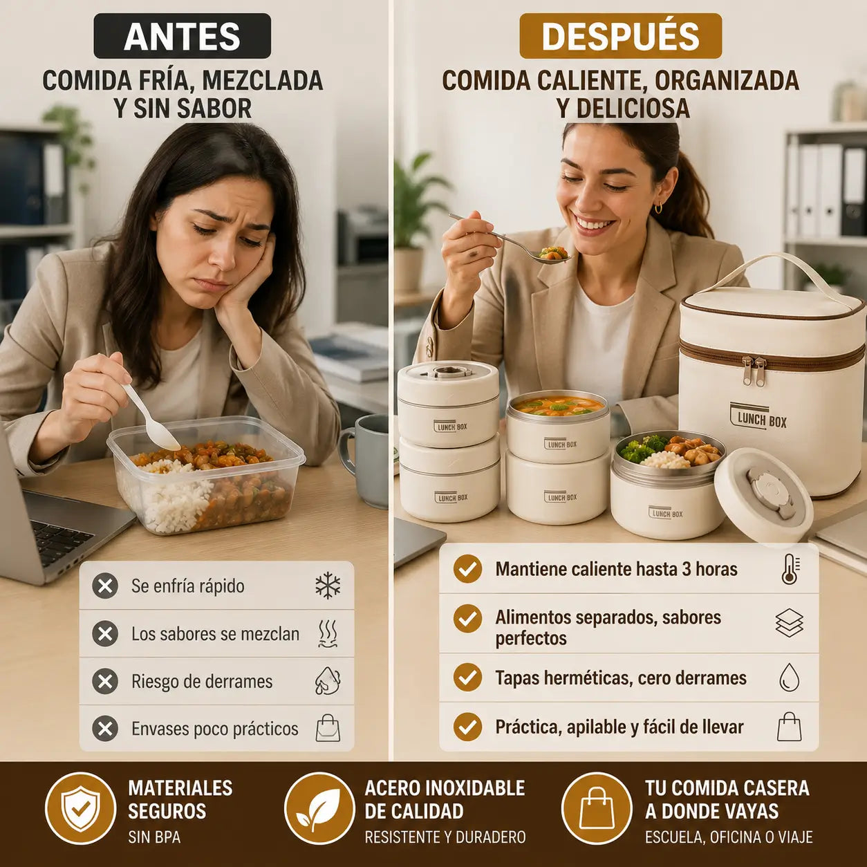 LunchBox Pro | Lonchera térmica 4 recipientes acero para llevar tus comidas