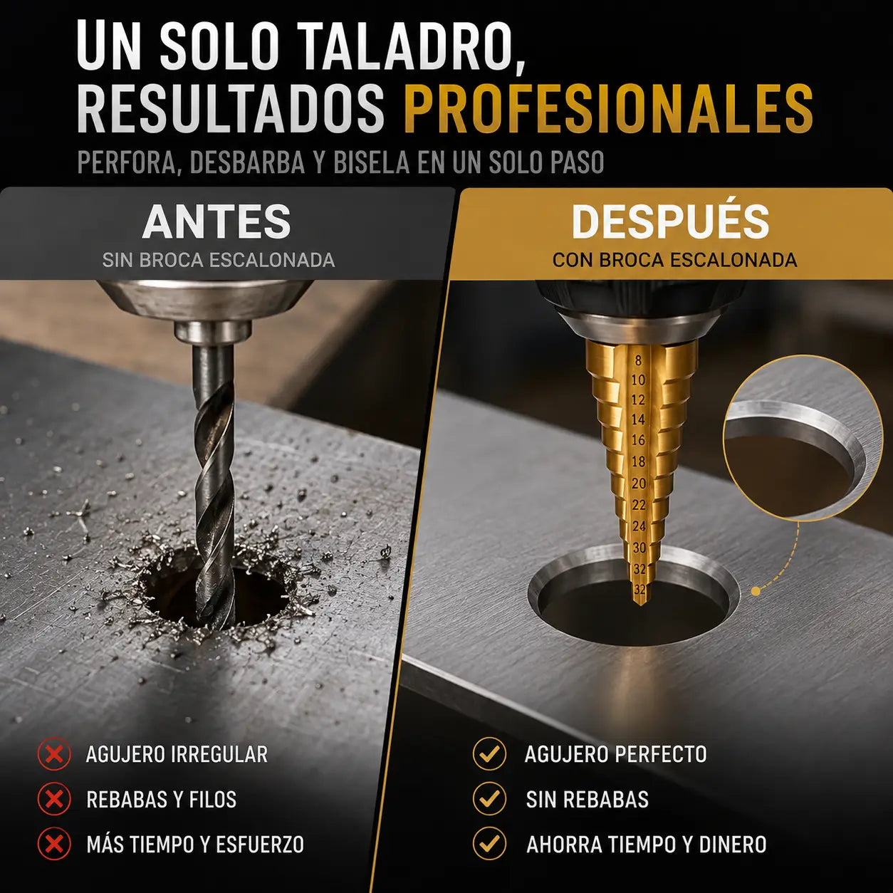 BrocaPro 360 – Olvida el resbalón: brocas escalonadas de precisión