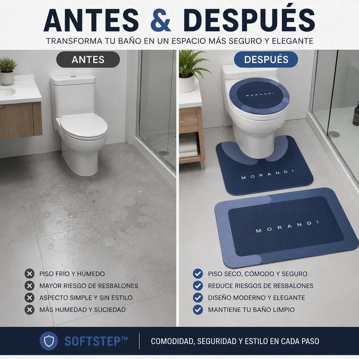 SoftStep™ | Tapetes de baño que evitan resbalones en superficies húmedas | SET 3 piezas
