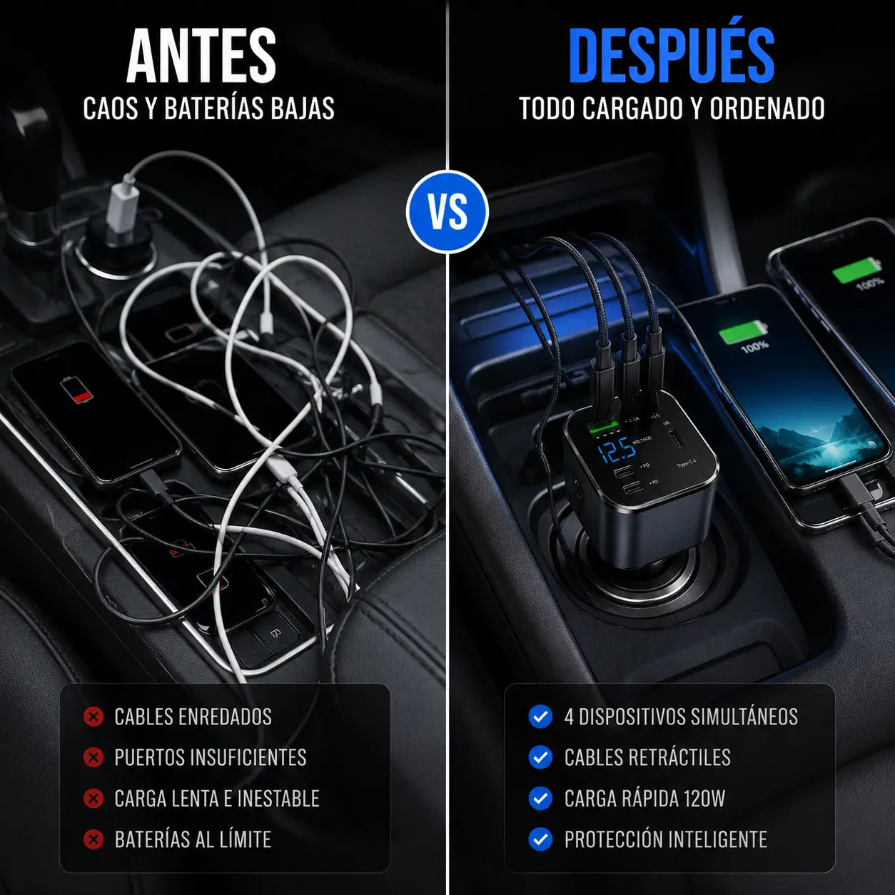 CargaMax™ | Deja de usar cables sueltos: cargador retráctil 4 en 1 para auto