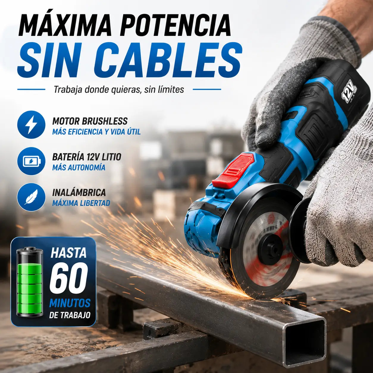 CutMax 360 | Corta y pule sin cables ni interrupciones en cualquier lugar + 1 Bateria de REGALO