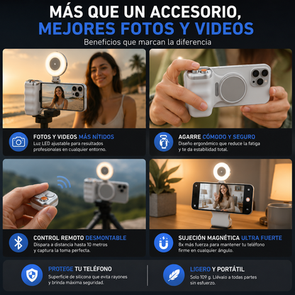 MagShot 360 – Fotos y selfies perfectas con agarre magnético y luz LED