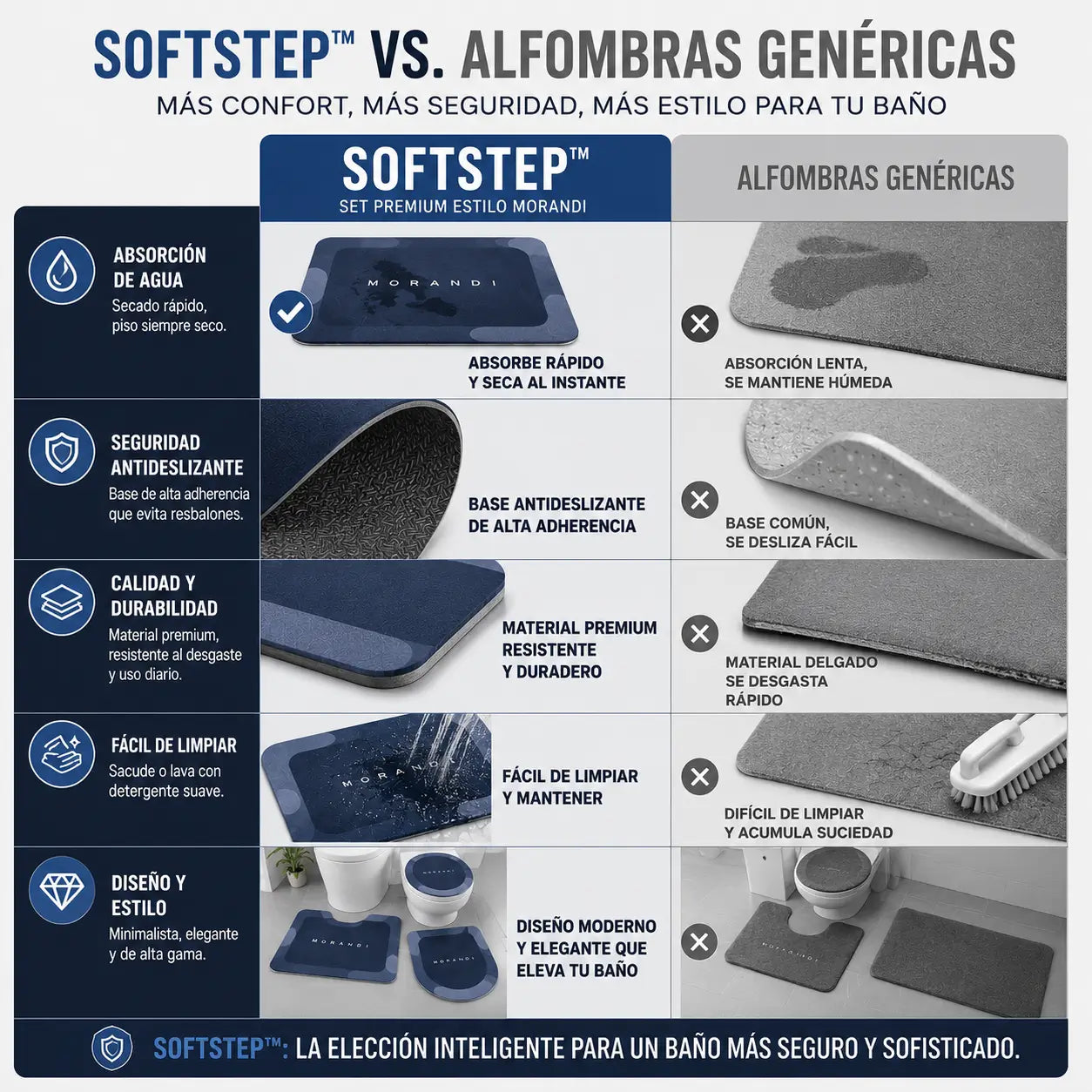 SoftStep™ | Tapetes de baño que evitan resbalones en superficies húmedas | SET 3 piezas