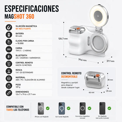MagShot 360 – Fotos y selfies perfectas con agarre magnético y luz LED