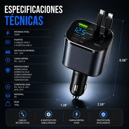 CargaMax™ | Deja de usar cables sueltos: cargador retráctil 4 en 1 para auto