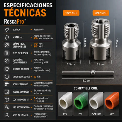 RoscaPro™ – Olvida las roscas dañadas: repáralas rápido con taladro | ROSCA DE 1/2 y 3/4