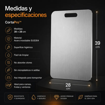 CortaPro™ v2 | Tabla de Cortar de Acero Inoxidable, Higiénica y Fácil de Limpiar | 39X28CM