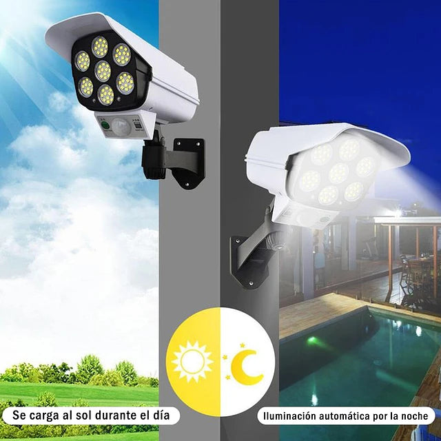 Foco Solar - NightShield Solar Protección nocturna con luz LED con forma de Camara, cuidando tu casa sin costos extras - OFERTA 2x1