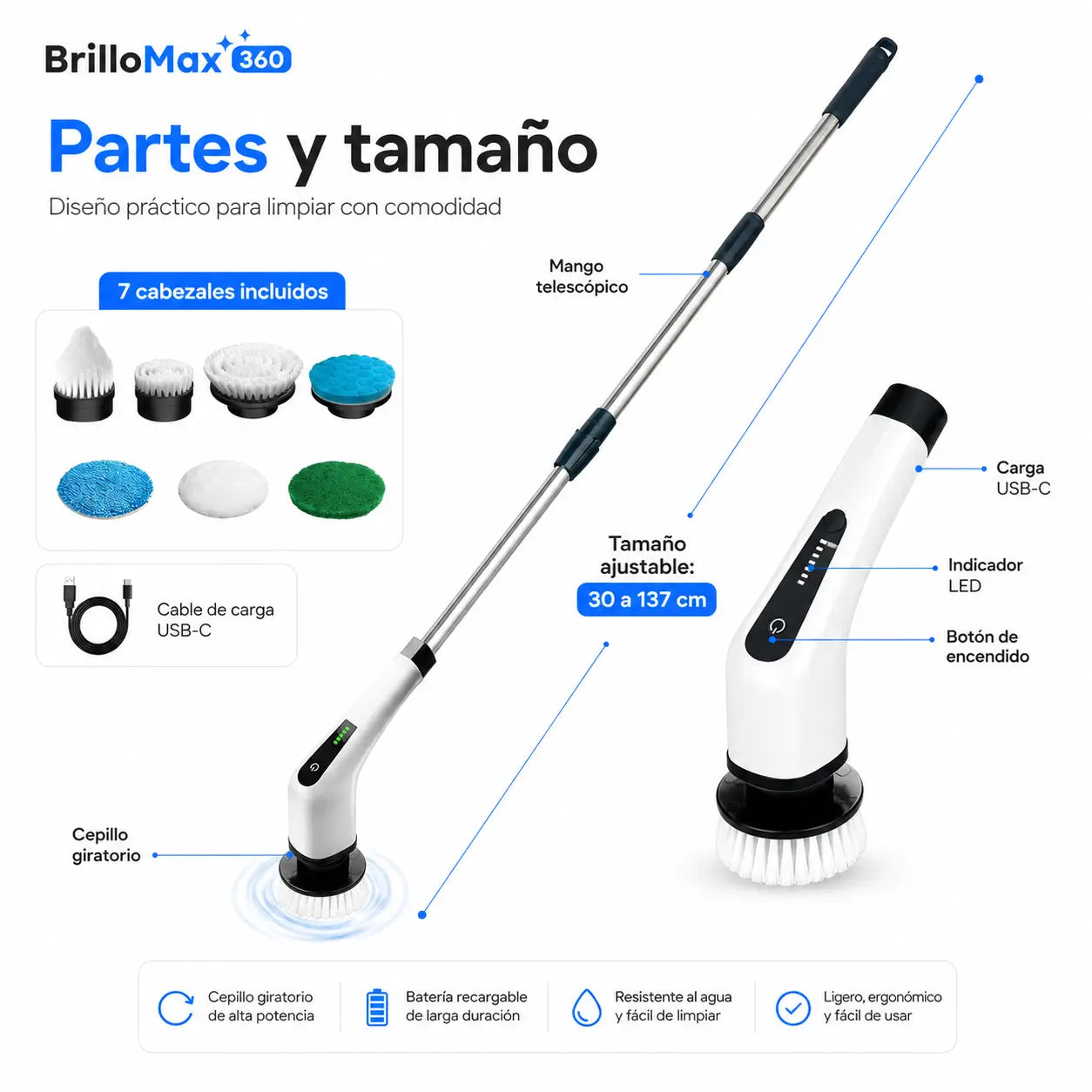 Cepillo BrilloMax 360™ - Limpia baño, cocina y pisos sin agacharte ni frotar por horas