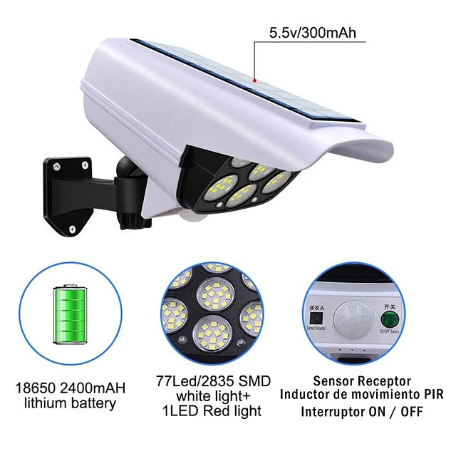 Foco Solar - NightShield Solar Protección nocturna con luz LED con forma de Camara, cuidando tu casa sin costos extras - OFERTA 2x1