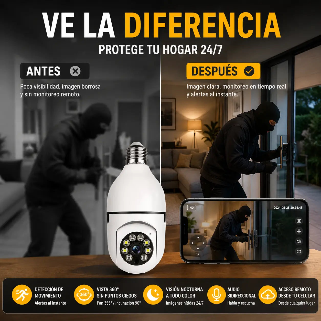 Lumicam 360™ | Protege tu hogar sin cables con cámara bombilla