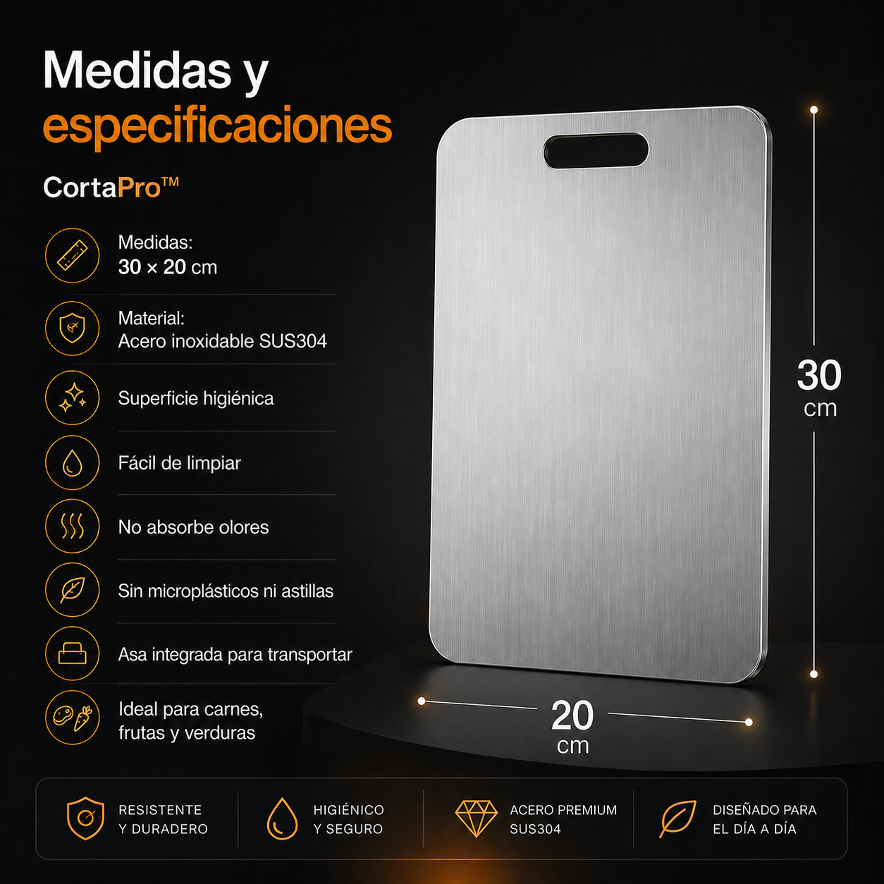 CortaPro™ | Tabla de Cortar de Acero Inoxidable, Higiénica y Fácil de Limpiar | 20x30cm
