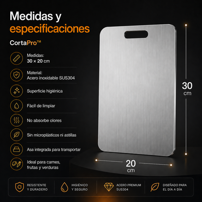CortaPro™ | Tabla de Cortar de Acero Inoxidable, Higiénica y Fácil de Limpiar | 20x30cm