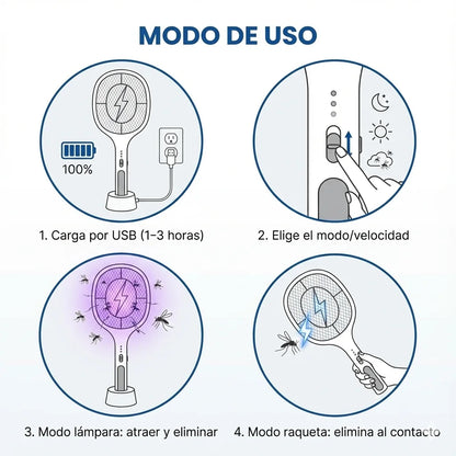 BYEBICHO - Raqueta Eléctrica Anti-Mosquitos 2-en-1 / Adiós al zumbido de noche: elimina mosquitos al instante, sin químicos.