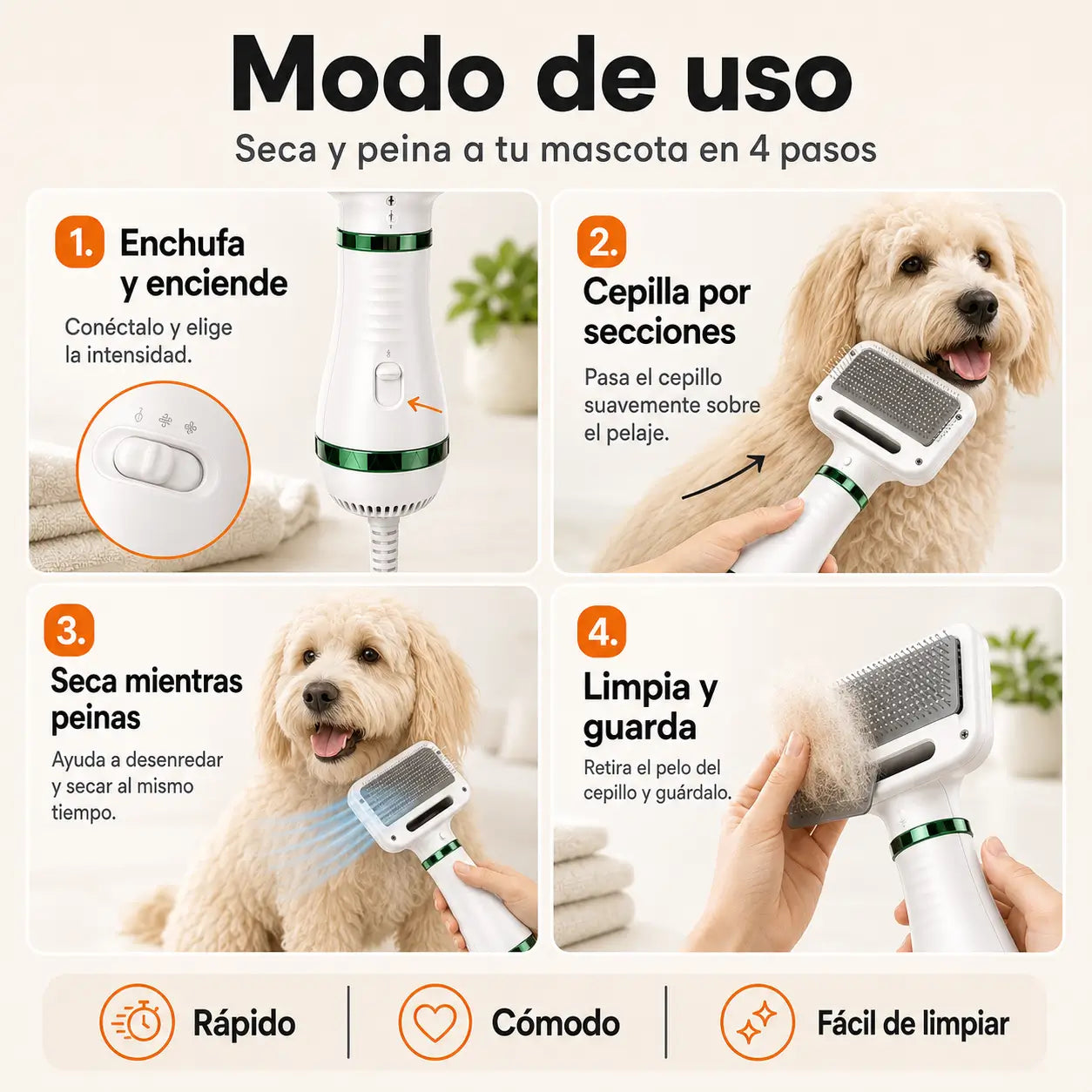 PetDry Pro™ | Cepillo Secador 2 en 1 para Secar y Desenredar en Minutos