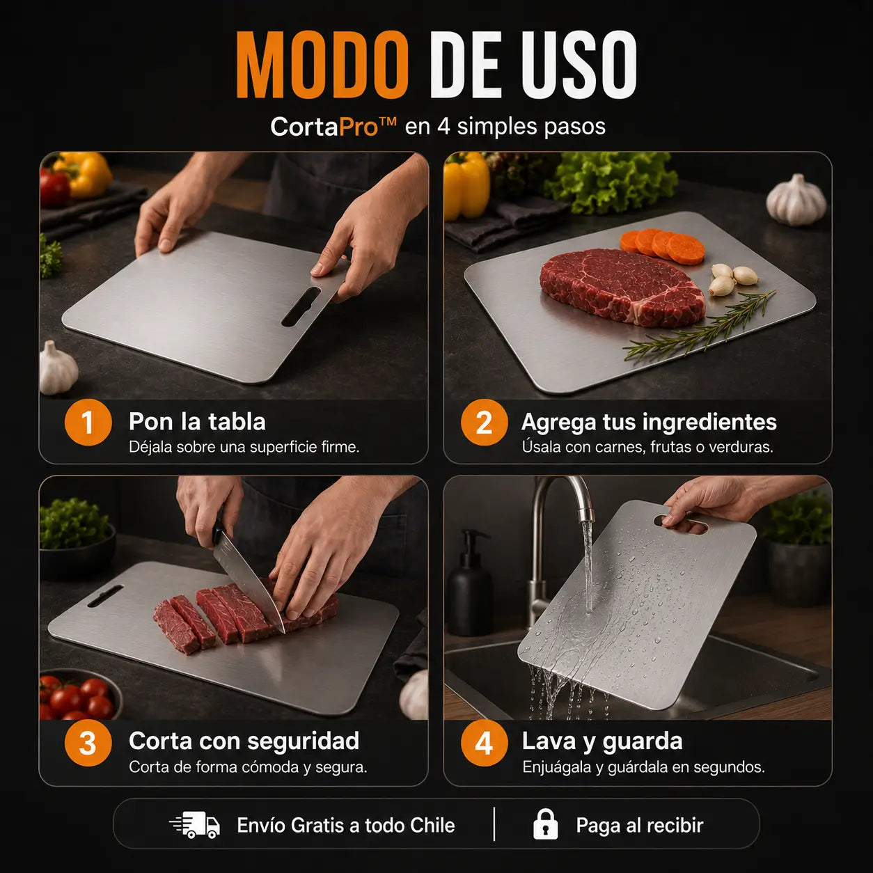 CortaPro™ v2 | Tabla de Cortar de Acero Inoxidable, Higiénica y Fácil de Limpiar | 39X28CM