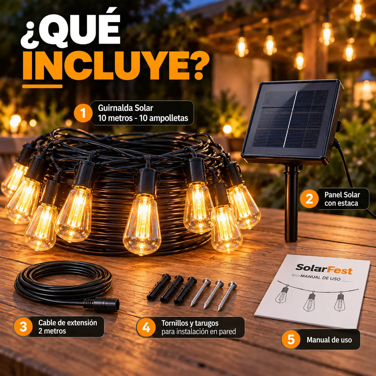 SolarFest – Guirnalda solar que ilumina tu jardín hasta 12 horas | 10 mts - 10 Ampolletas