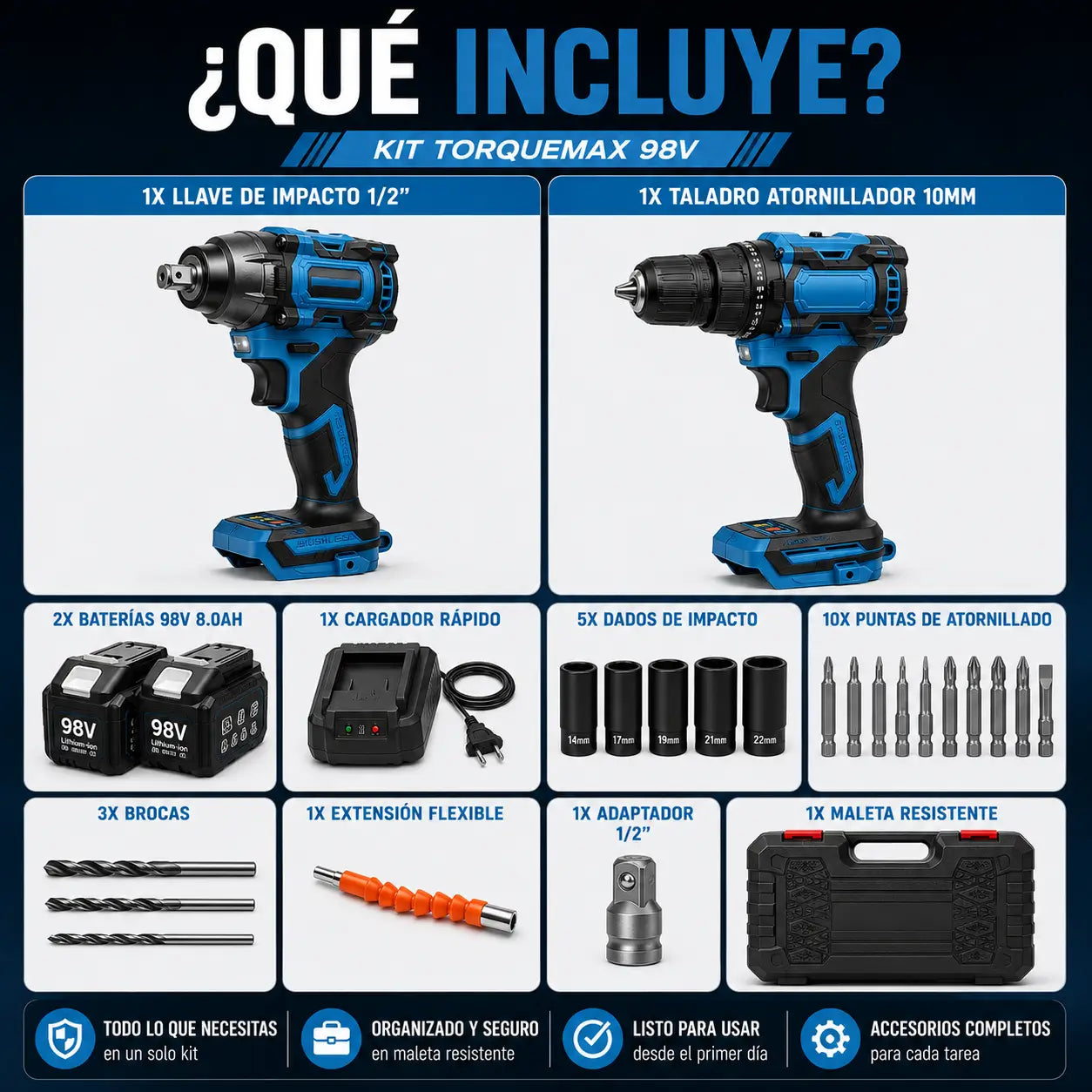 TorqueMax | Taladro y llave impacto 98v el kit inalámbrico que trabaja contigo