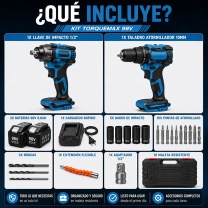 TorqueMax | Taladro y llave impacto 98v el kit inalámbrico que trabaja contigo