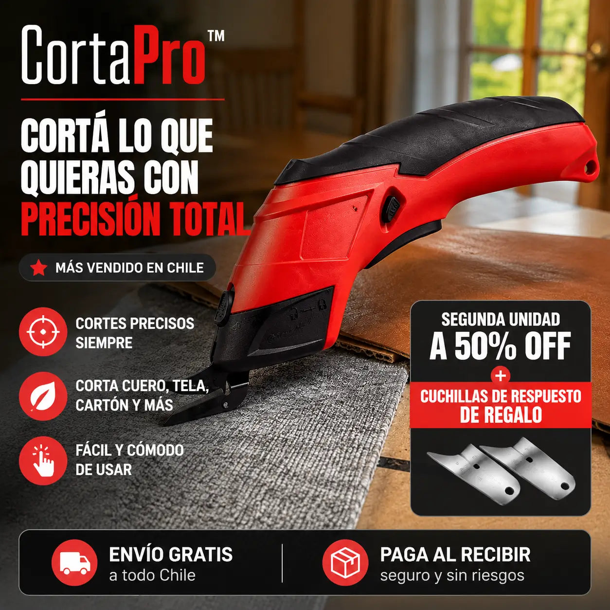 CortaPro™ | Tijera eléctrica inalámbrica para cortar tela, cuero y cartón