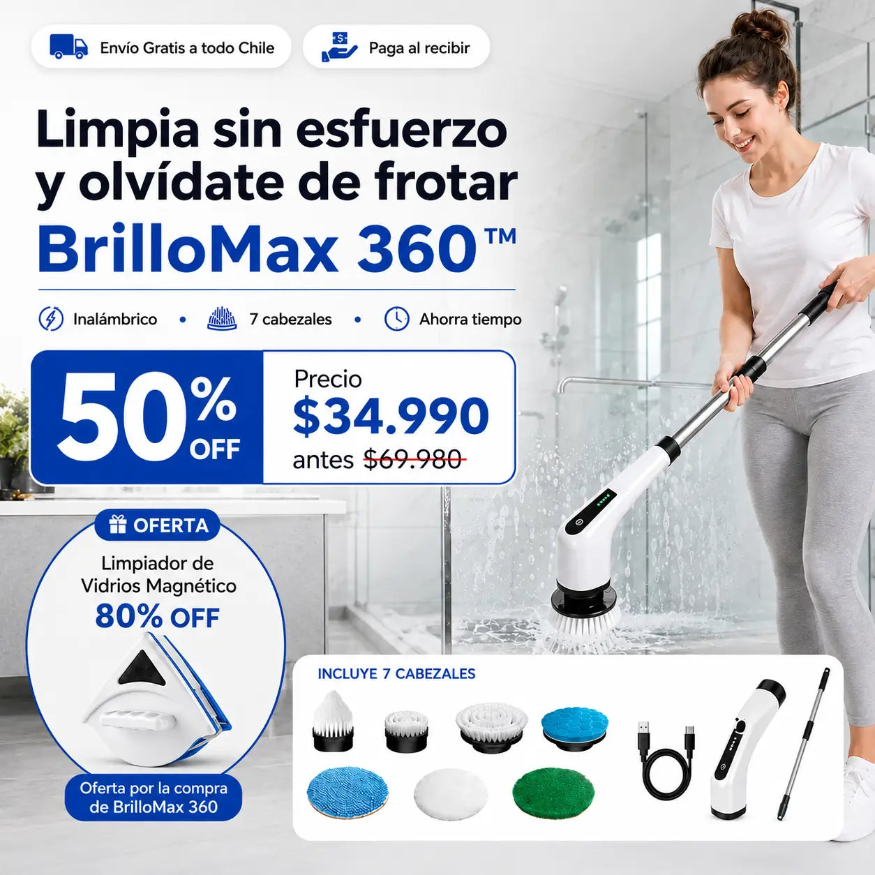 Cepillo BrilloMax 360™ - Limpia baño, cocina y pisos sin agacharte ni frotar por horas