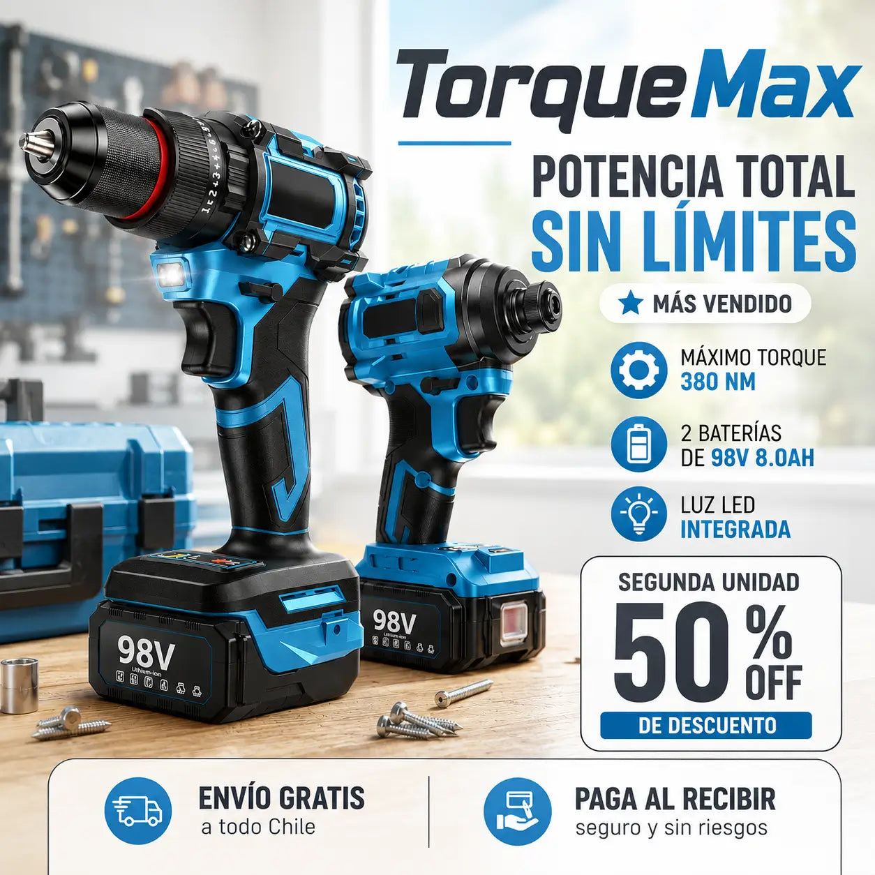 TorqueMax | Taladro y llave impacto 98v el kit inalámbrico que trabaja contigo