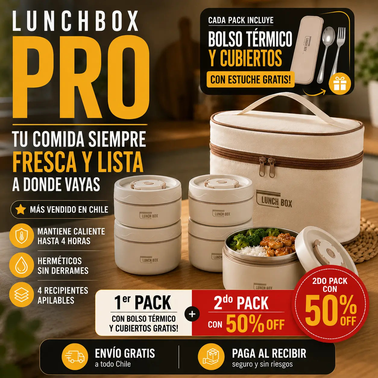 LunchBox Pro | Lonchera térmica 4 recipientes acero para llevar tus comidas