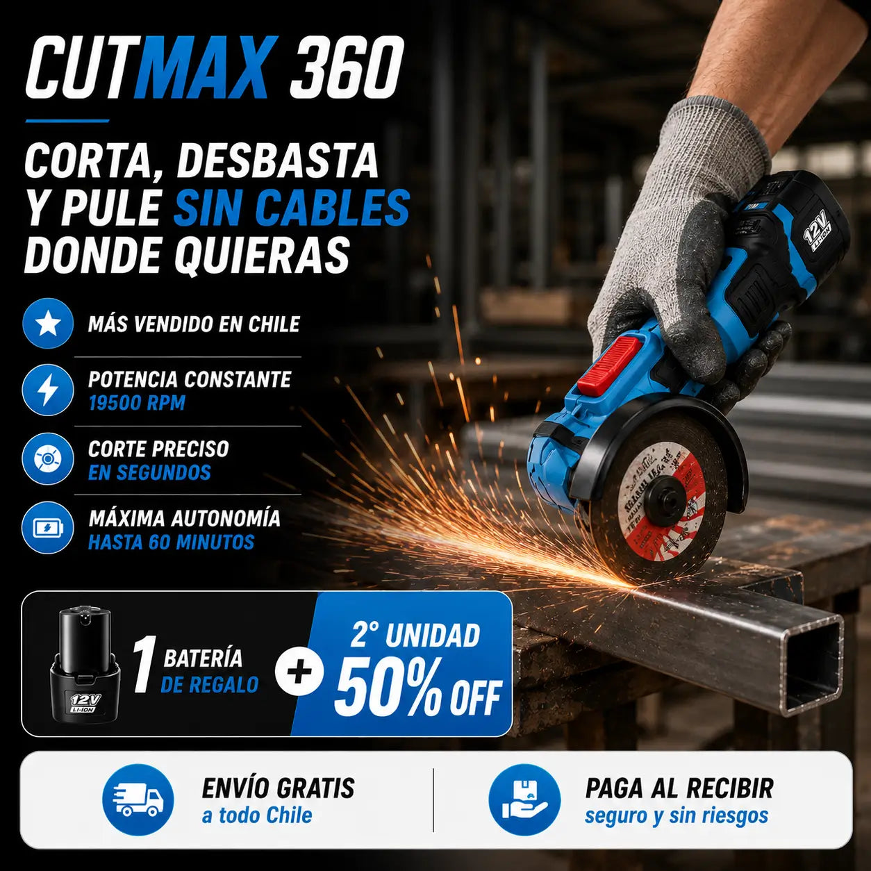 CutMax 360 | Corta y pule sin cables ni interrupciones en cualquier lugar + 1 Bateria de REGALO