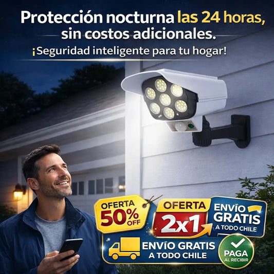 Foco Solar - NightShield Solar Protección nocturna con luz LED con forma de Camara, cuidando tu casa sin costos extras - OFERTA 2x1