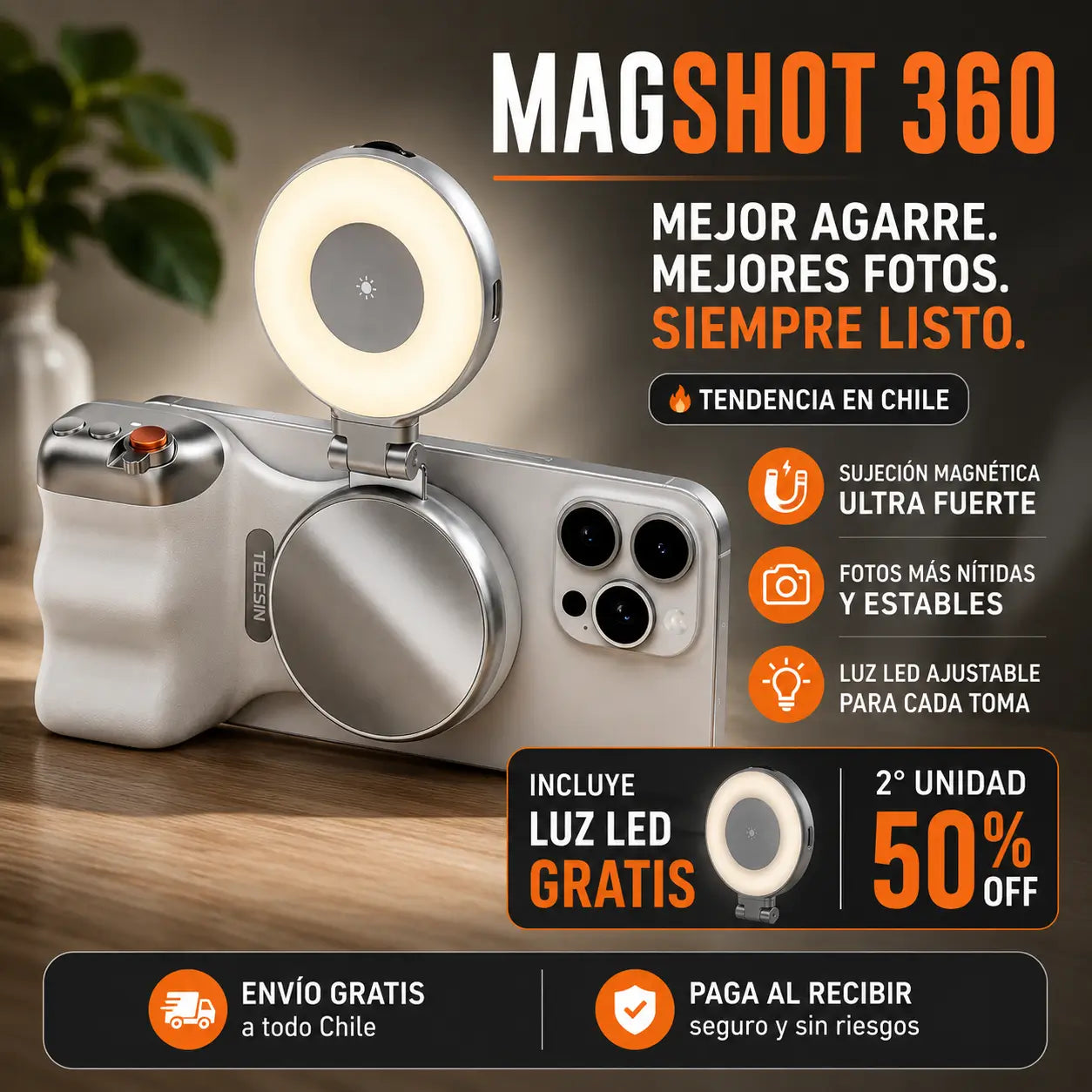 MagShot 360 – Fotos y selfies perfectas con agarre magnético y luz LED