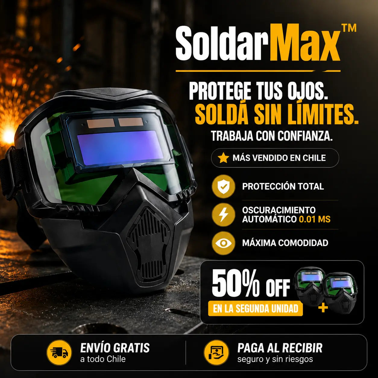 SoldarMax™ | Máscara de soldar con oscurecimiento automático y protección UV