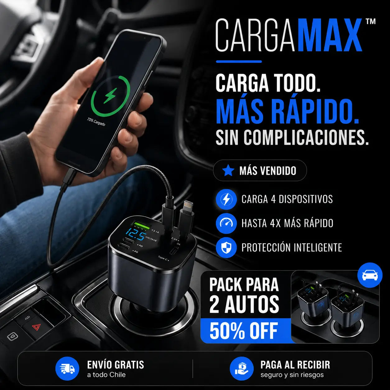 CargaMax™ | Deja de usar cables sueltos: cargador retráctil 4 en 1 para auto