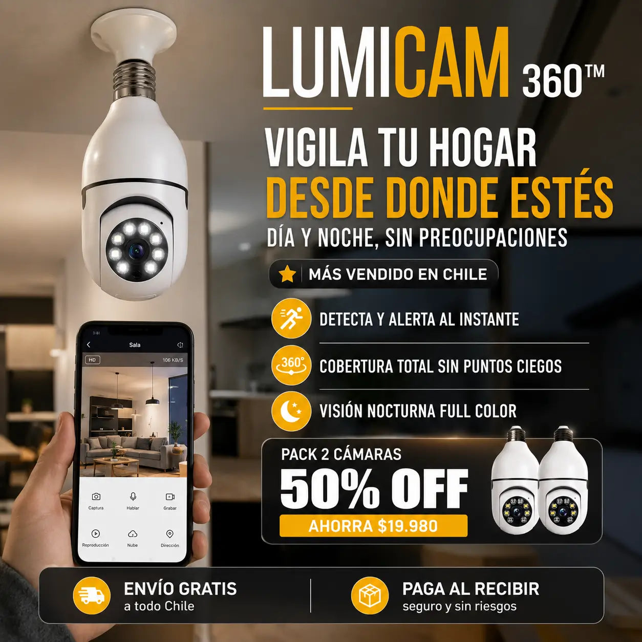 Lumicam 360™ | Protege tu hogar sin cables con cámara bombilla