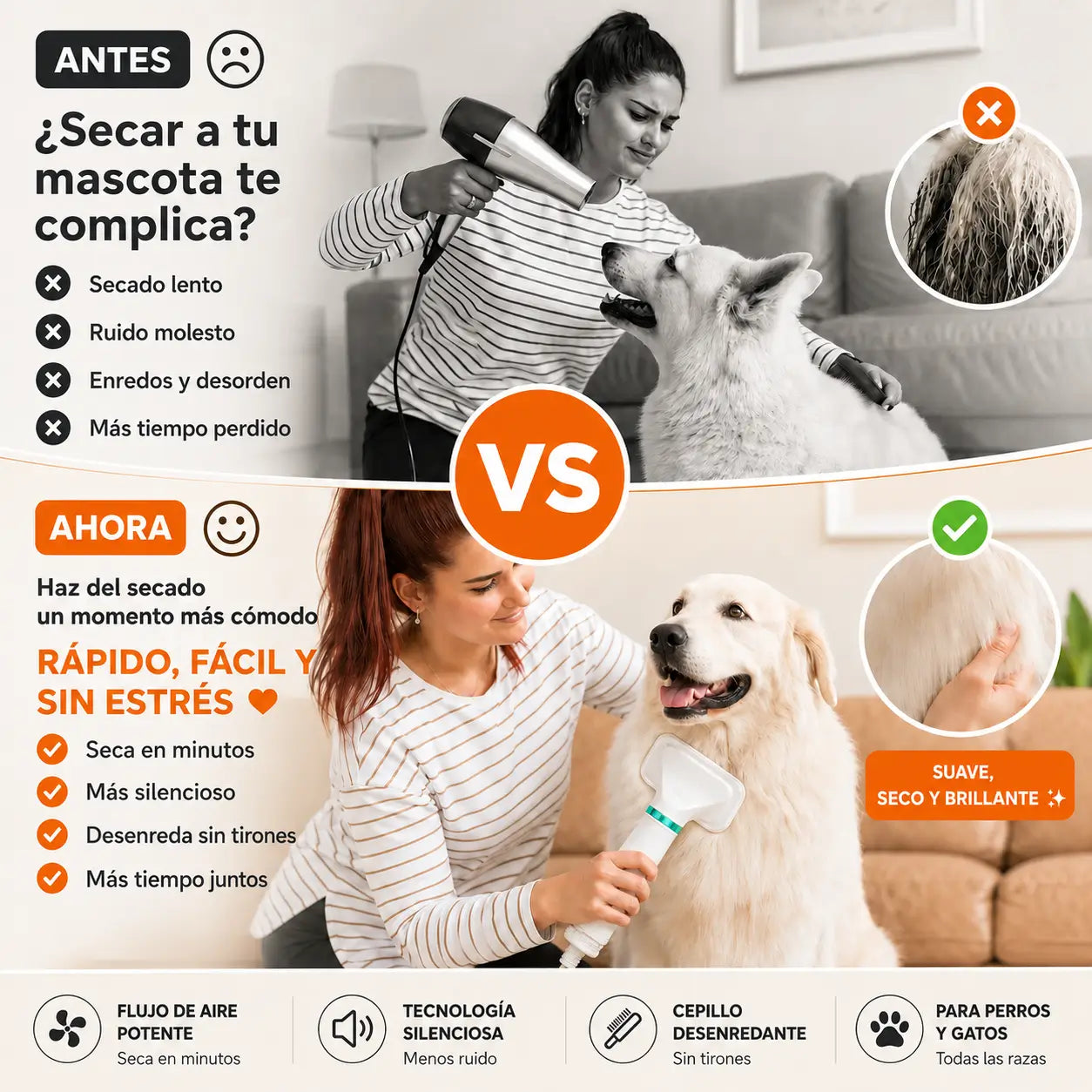PetDry Pro™ | Cepillo Secador 2 en 1 para Secar y Desenredar en Minutos